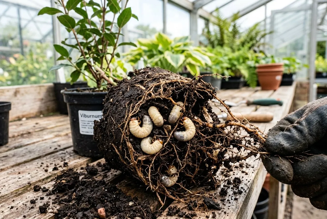 A young tree lifted from its pot showing the rootball with several creamy white C-shaped vine weevil grubs visible among the chewed roots and compost