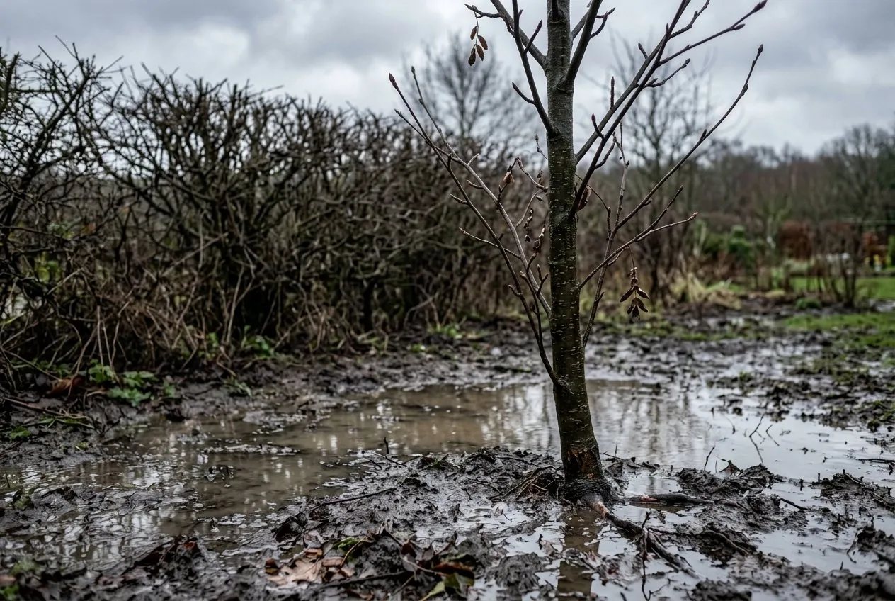 A young garden tree standing in waterlogged soil with surface water pooled around the base after heavy rain, on a clay plot in the UK Midlands