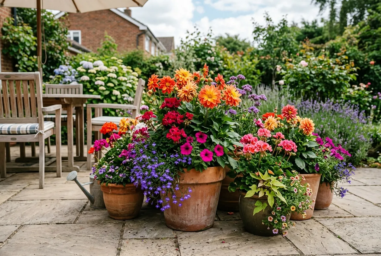 Summer flowers UK container display with dahlias petunias and lobelia on a patio