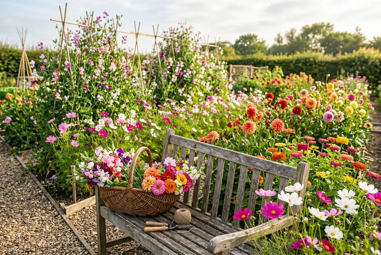 Summer flowers UK cutting garden with sweet peas cosmos and dahlias