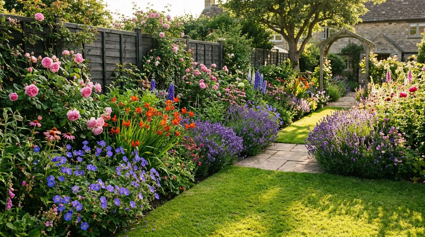 Colourful UK summer garden in full bloom with borders of roses, lavender, and geraniums on a warm afternoon