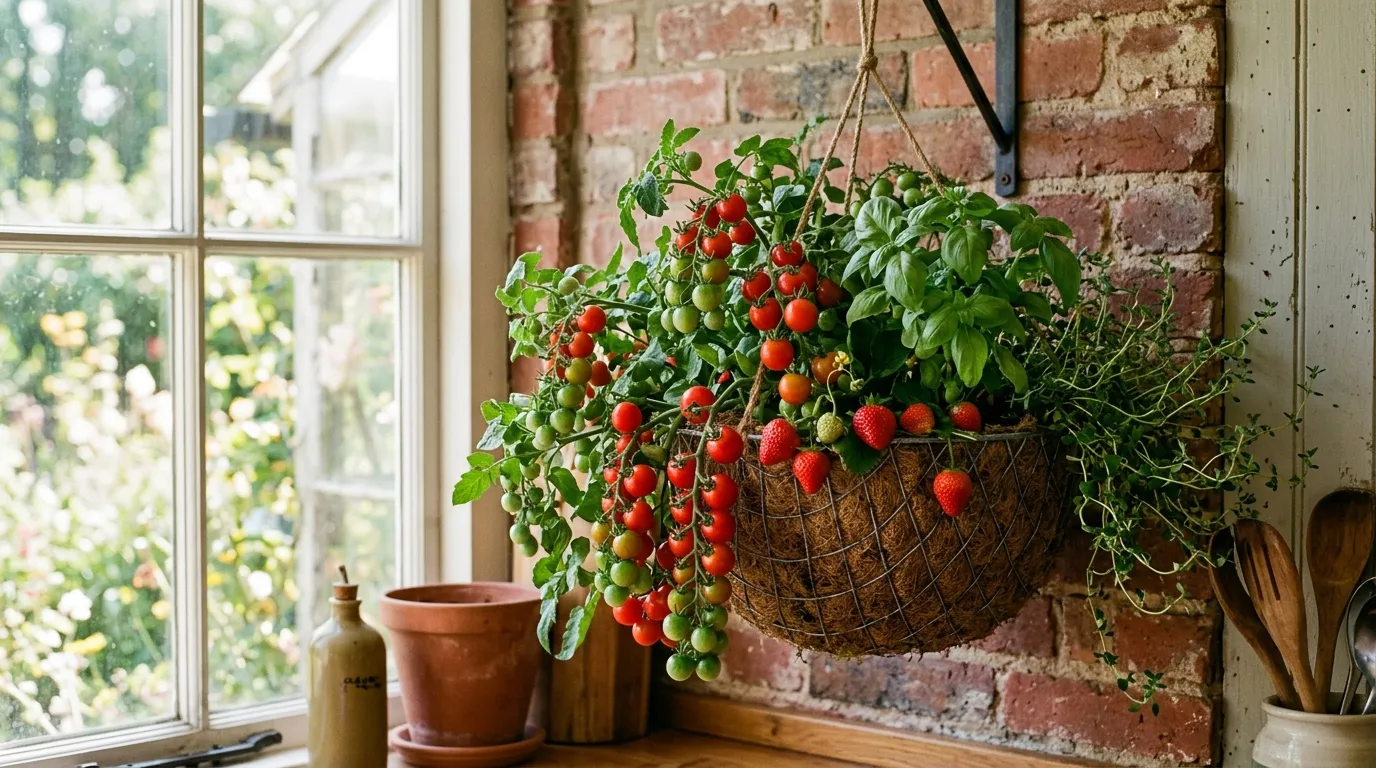 A productive edible hanging basket with cherry tomatoes, strawberries and basil ripening on a sunny UK kitchen wall in August