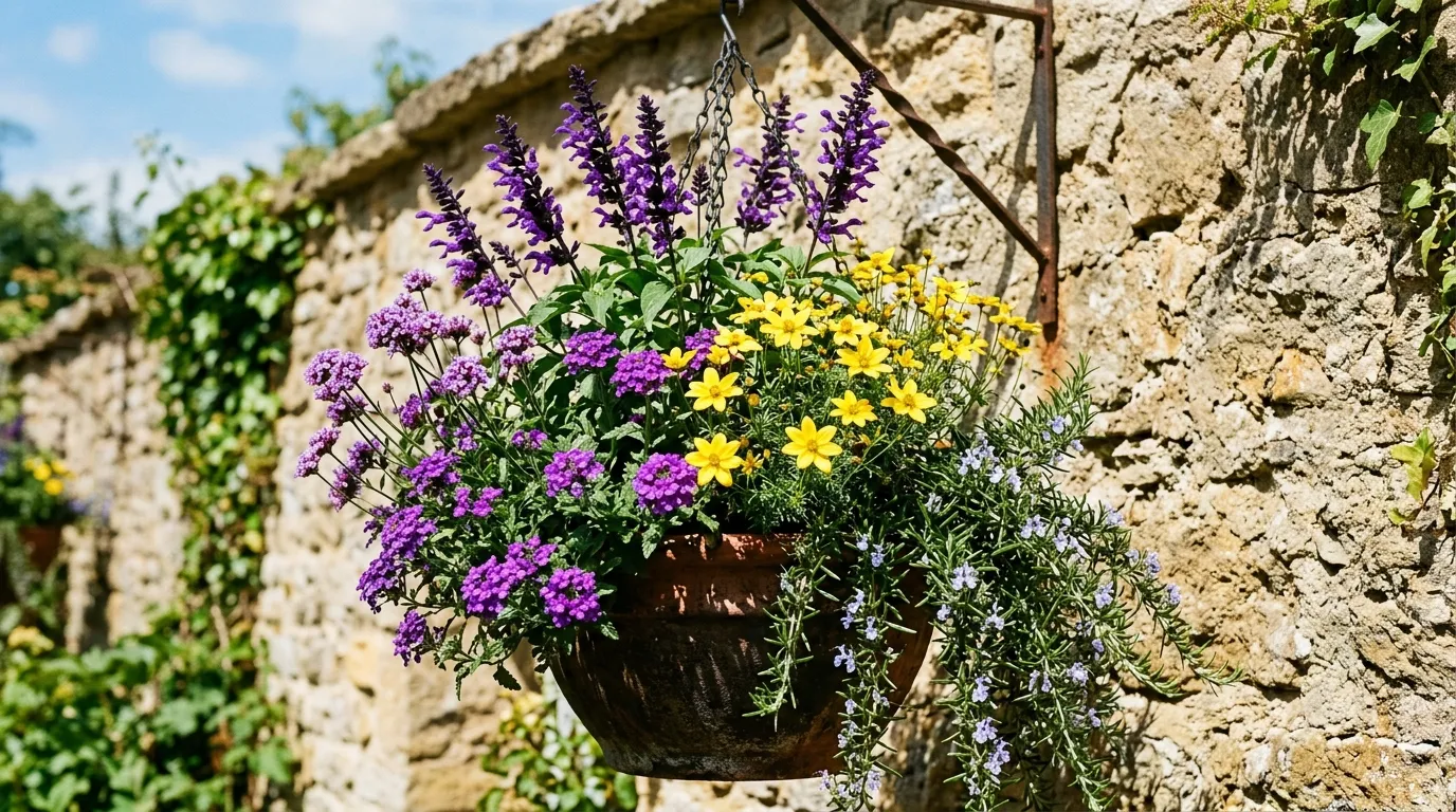 A drought-tough Mediterranean hanging basket with purple Salvia Amistad, verbena and trailing rosemary on a sunny UK stone wall