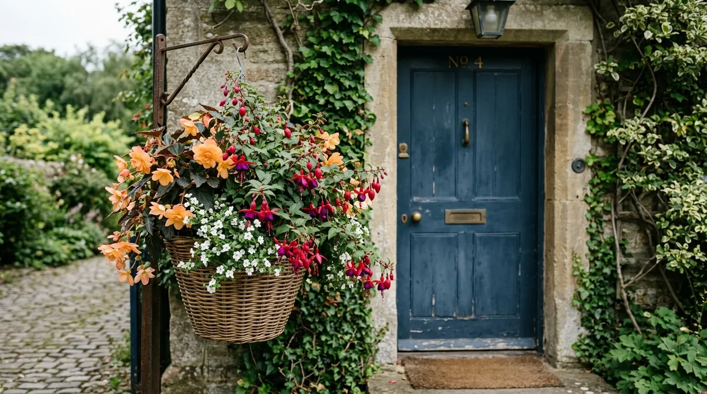 A north-facing UK doorway with a shaded hanging basket of fuchsia Mrs Popple, apricot begonias and trailing white bacopa