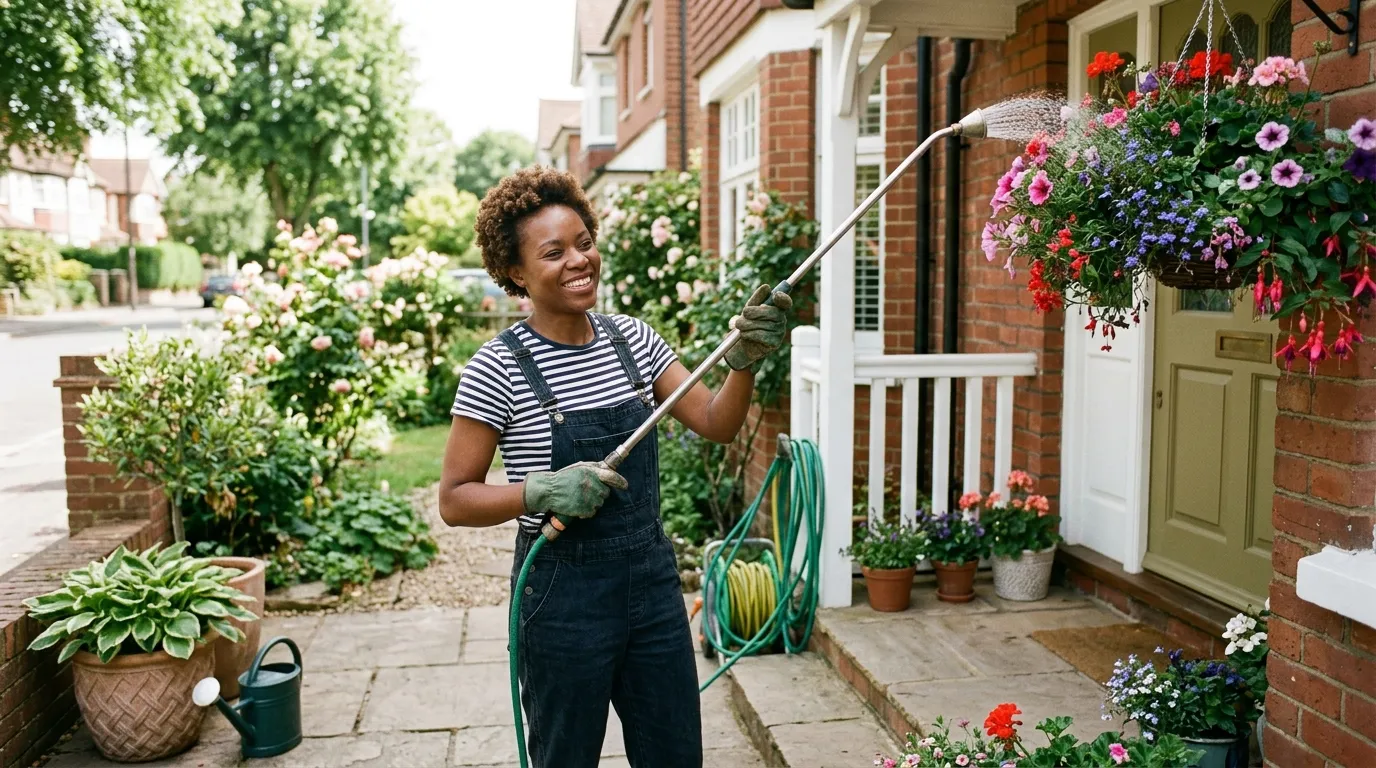 A gardener watering a sunny UK hanging basket with a long-handled lance, showing the water reservoir technique with a hidden bottle in the compost