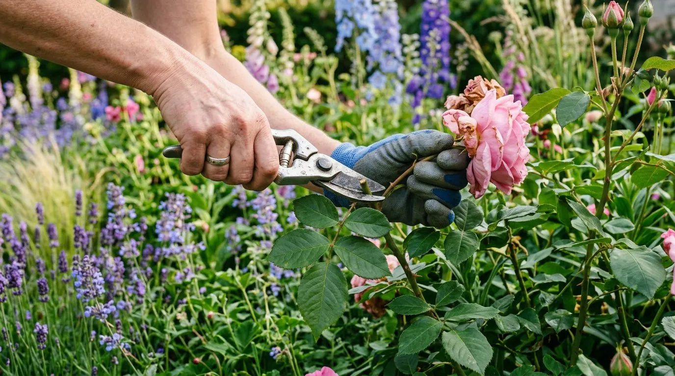Gardener deadheading roses in a sunny UK border with colourful summer perennials