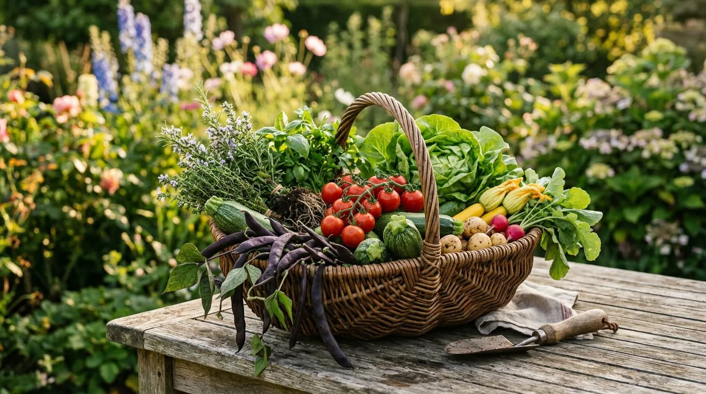 Basket of freshly harvested summer vegetables including courgettes, tomatoes, beans, and lettuce
