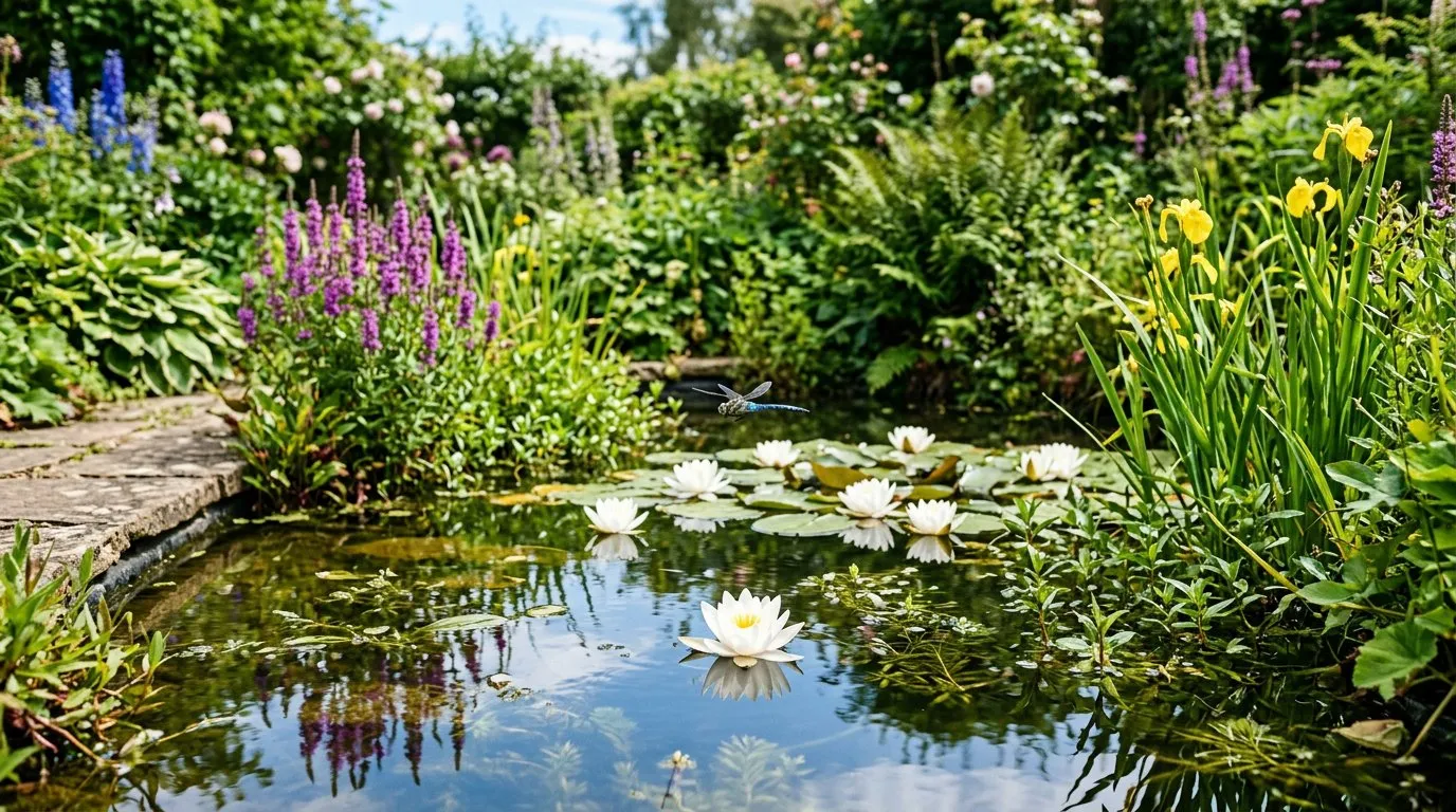 Garden pond with water lilies, marginal planting, and a dragonfly in a UK summer garden