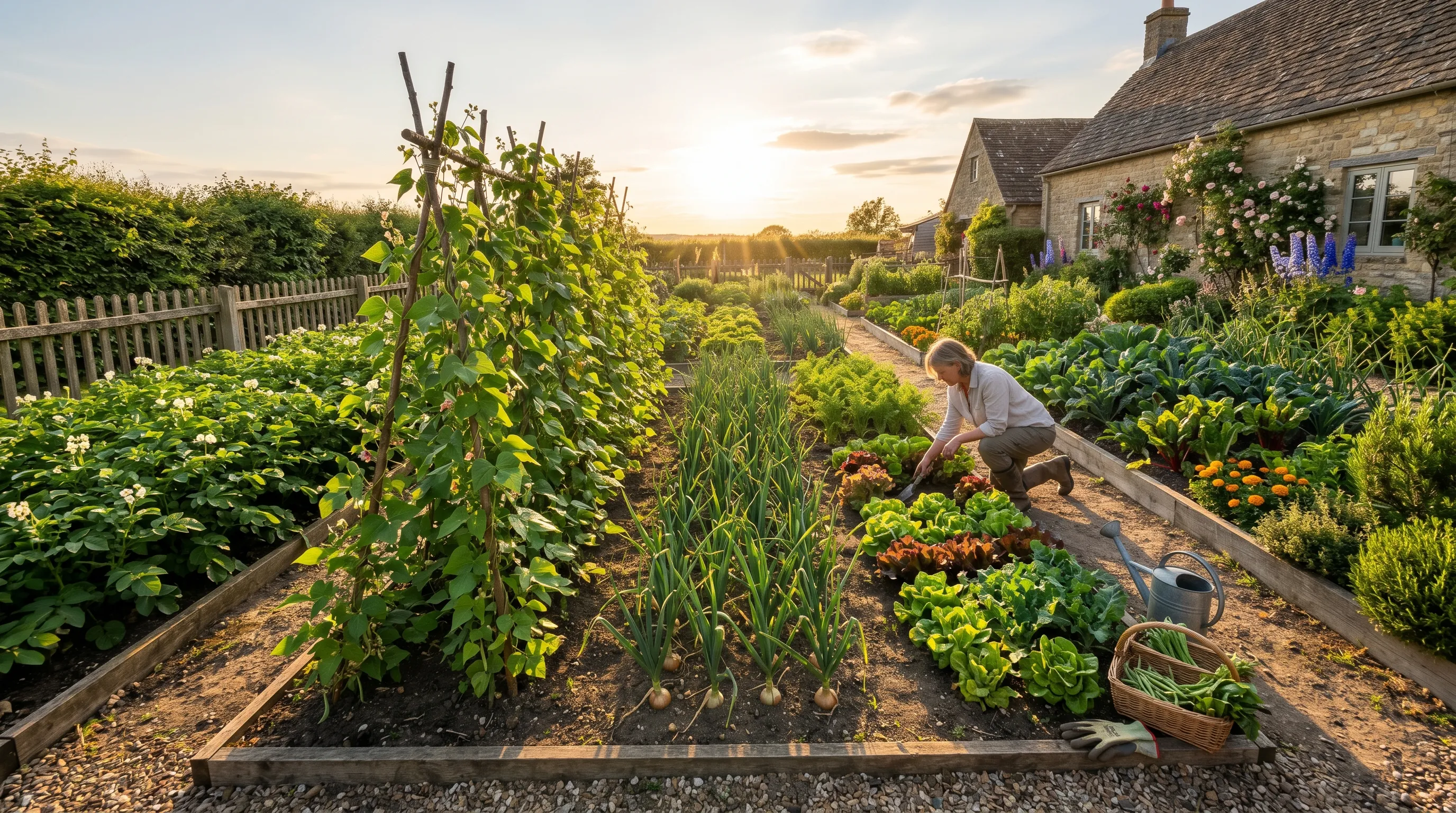 UK kitchen garden at the summer solstice in June - long shadows from low evening sun across rows of well-grown vegetables