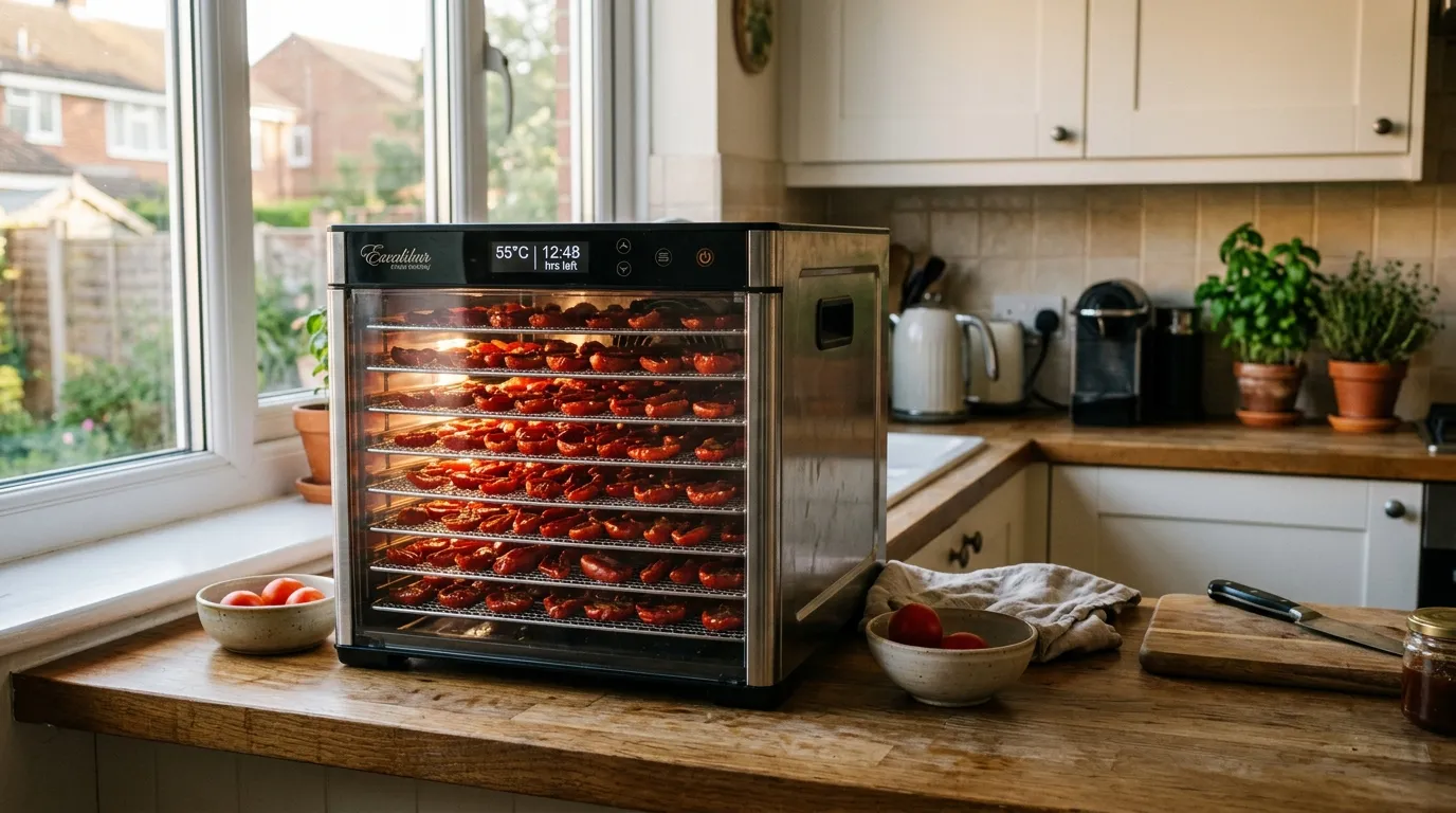 A countertop food dehydrator with stacked trays of halved cherry and plum tomatoes drying inside a modern UK kitchen with side window light