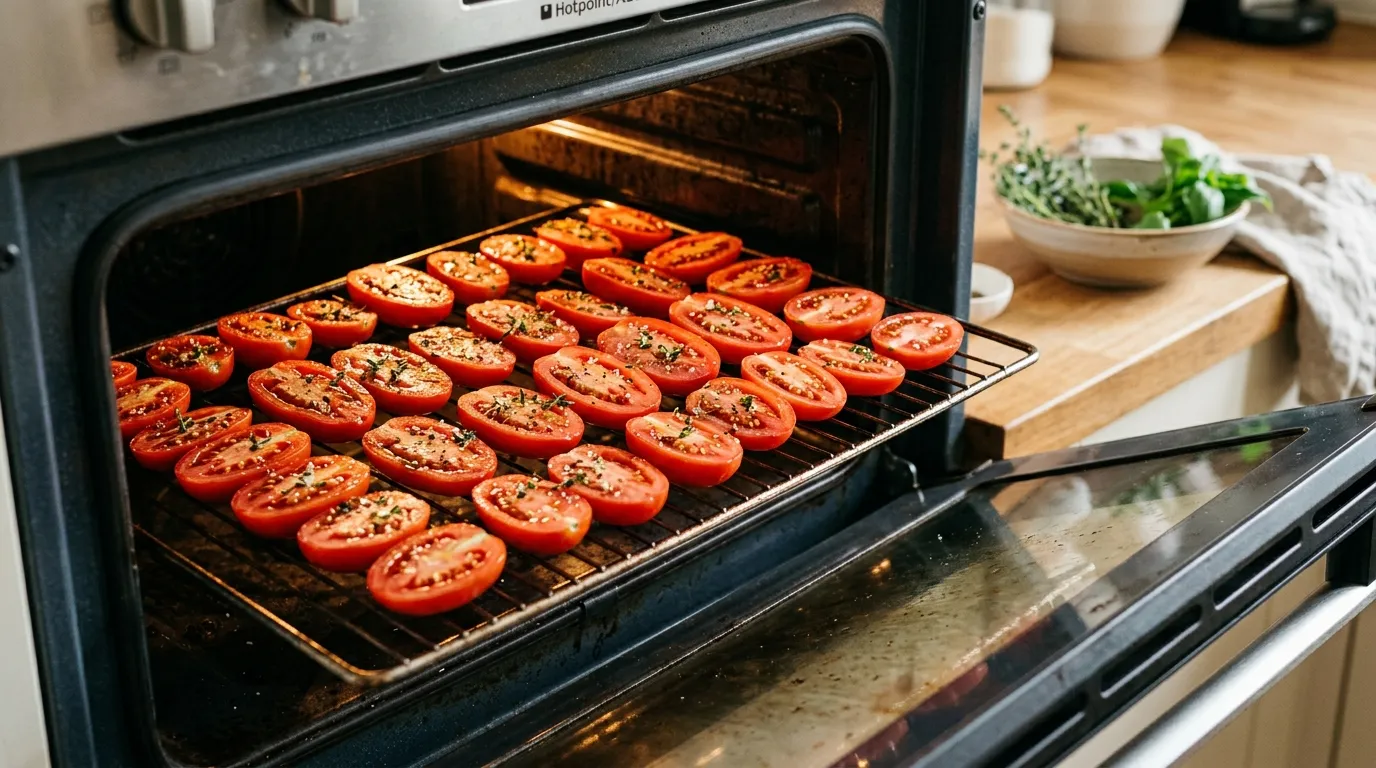 Trays of halved Roma and San Marzano plum tomatoes seasoned with sea salt drying on a wire rack inside a UK domestic oven with the door propped open