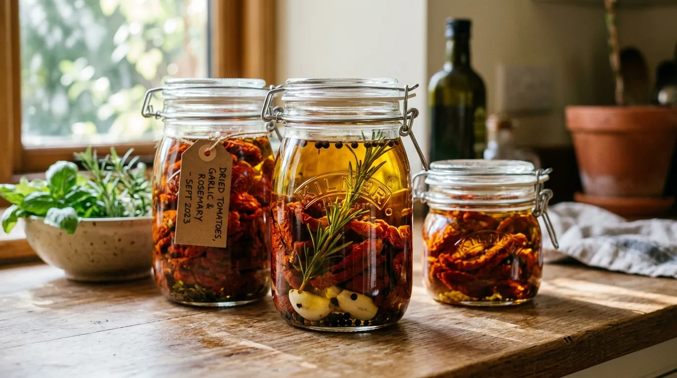 Clear Kilner jars filled with home-dried tomatoes in olive oil with rosemary garlic cloves and black peppercorns on a UK kitchen counter