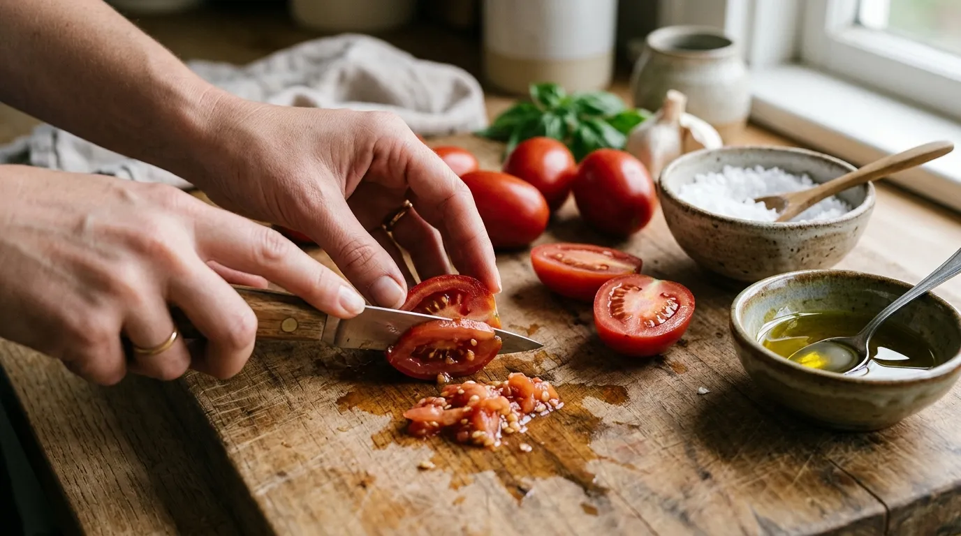 Hand using a small knife to halve plum tomatoes and scrape out the seeds on a wooden chopping board, sea salt and olive oil nearby