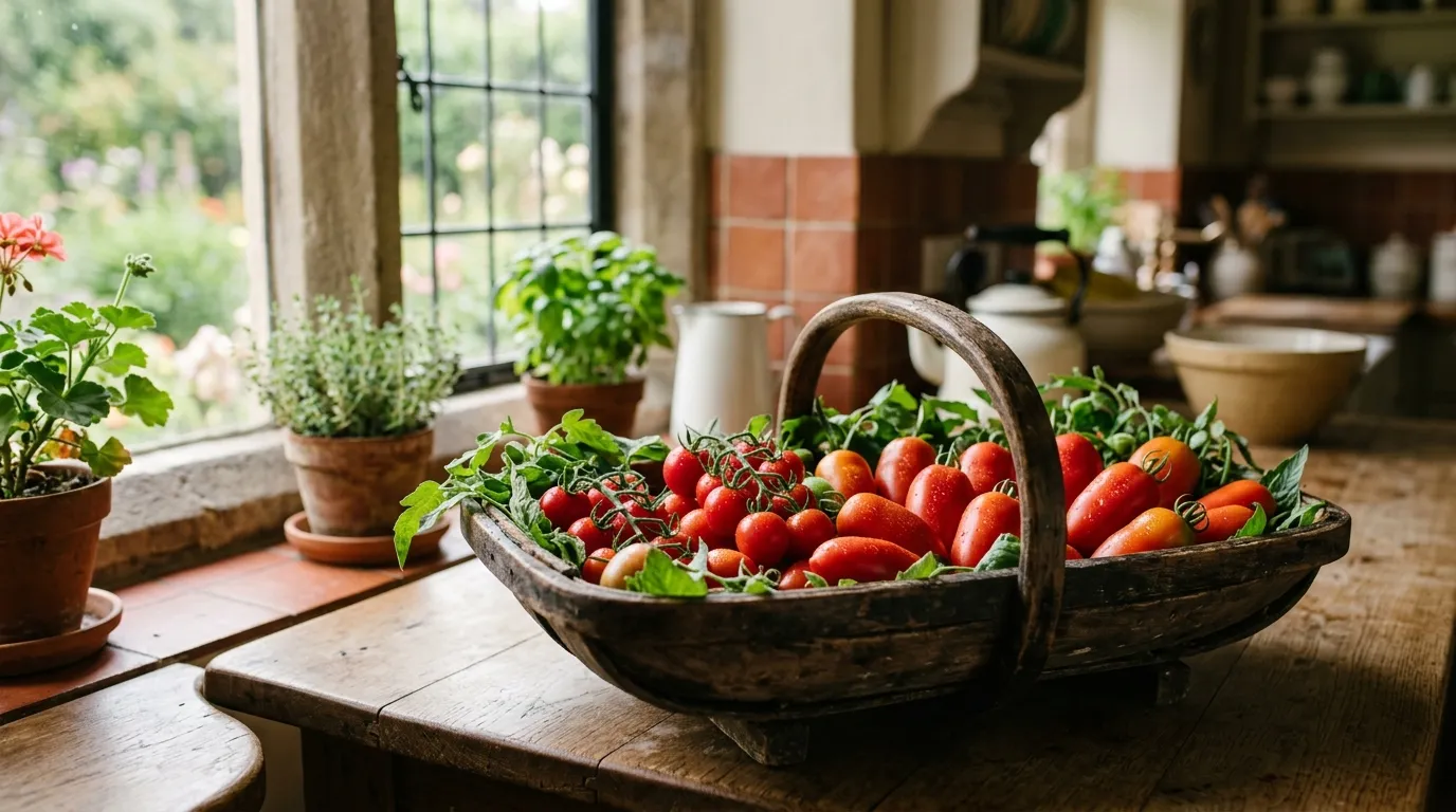 Roma and Principe Borghese plum tomatoes piled in a wooden trug in a UK kitchen ready to be halved and dried
