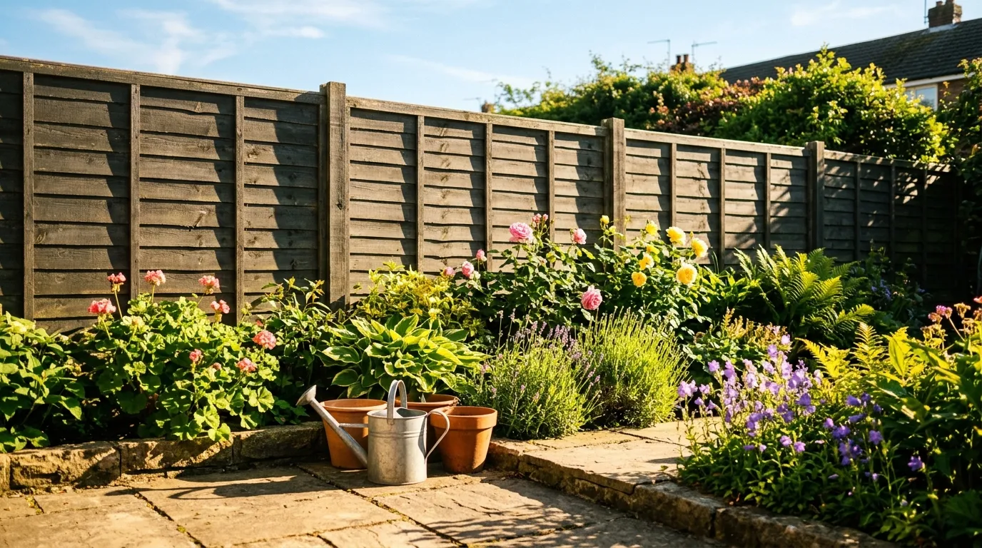 Same garden corner photographed in full afternoon sun after the sun has cleared the fence