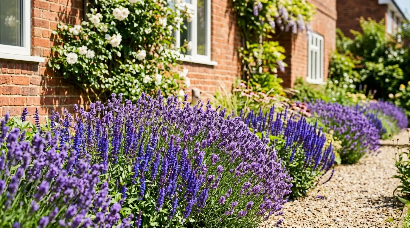 Bright full sun border with lavender and salvia in strong direct light in a Yorkshire garden