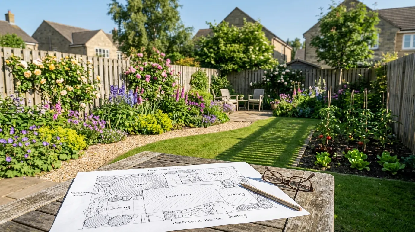 Sun mapping a UK garden with a labelled plan showing full sun and shade zones across a Yorkshire suburban plot