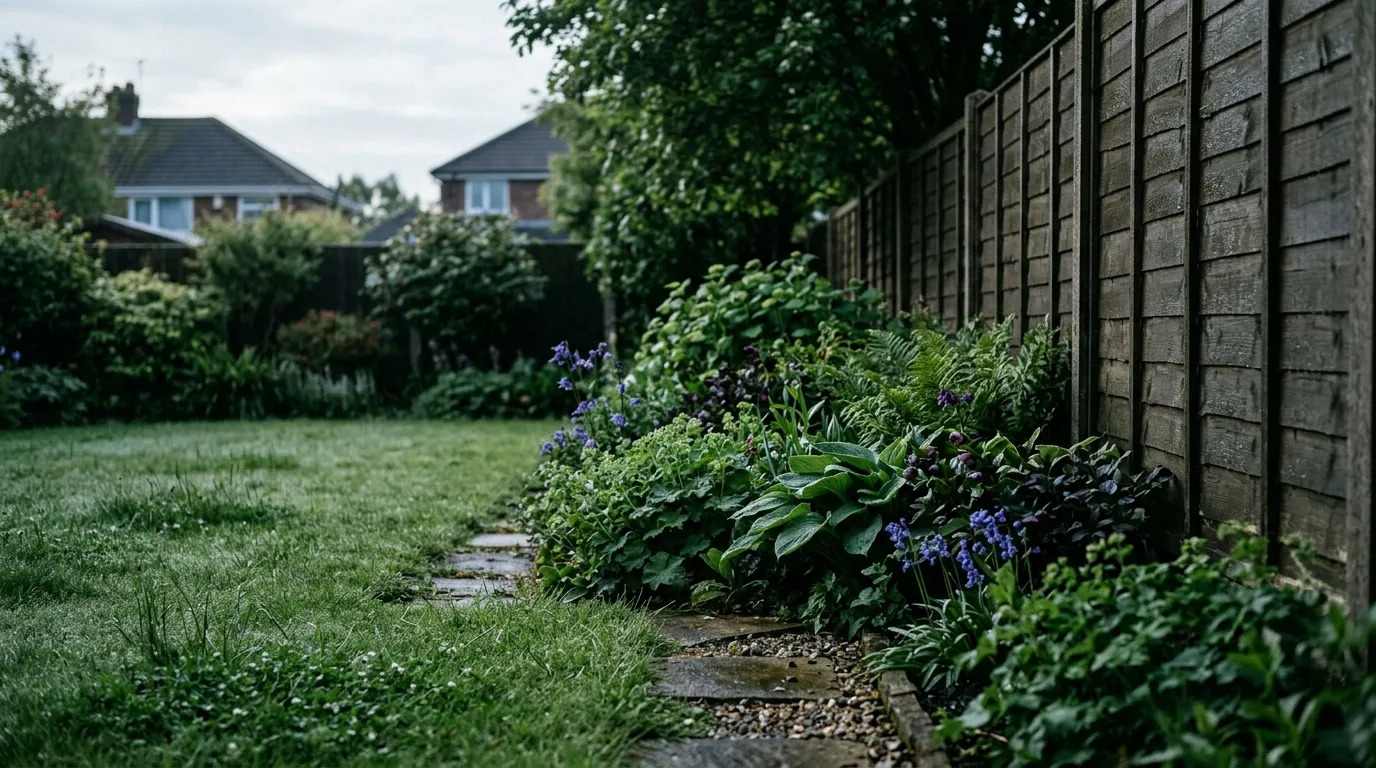 Same garden corner photographed in morning shadow, before the sun clears the boundary fence