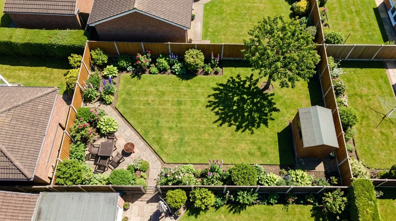 Overhead view of a garden at midday in June showing short crisp shadow patterns from fences and a tree