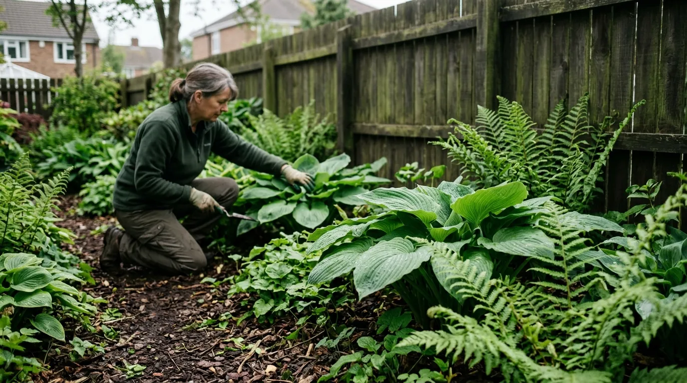 North-facing bed in even gentle shade planted with hostas and ferns in a Yorkshire garden