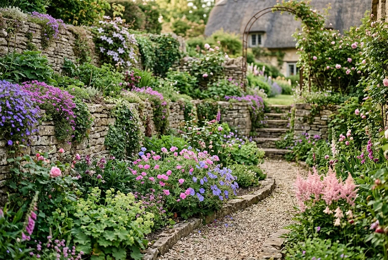 Sunken garden with tiered planting and trailing plants cascading over stone retaining walls in a UK garden