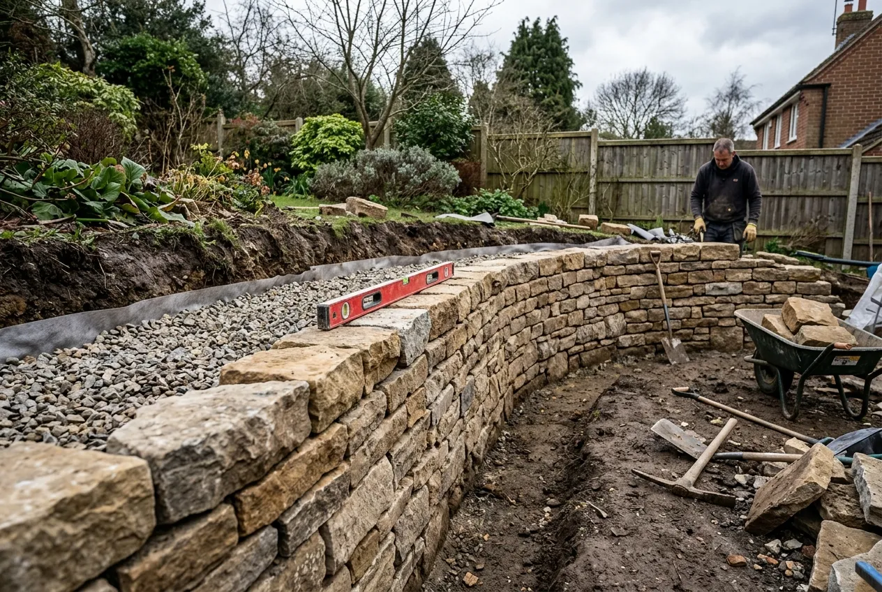 Natural stone retaining wall under construction for a sunken garden showing the drainage gravel layer behind the wall