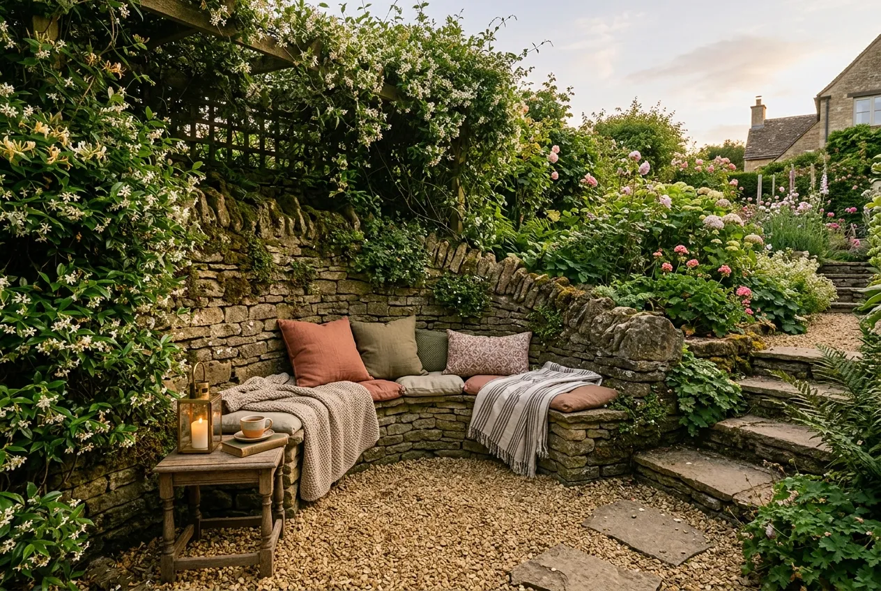 Sheltered sunken garden seating area with stone bench built into the retaining wall surrounded by fragrant plants