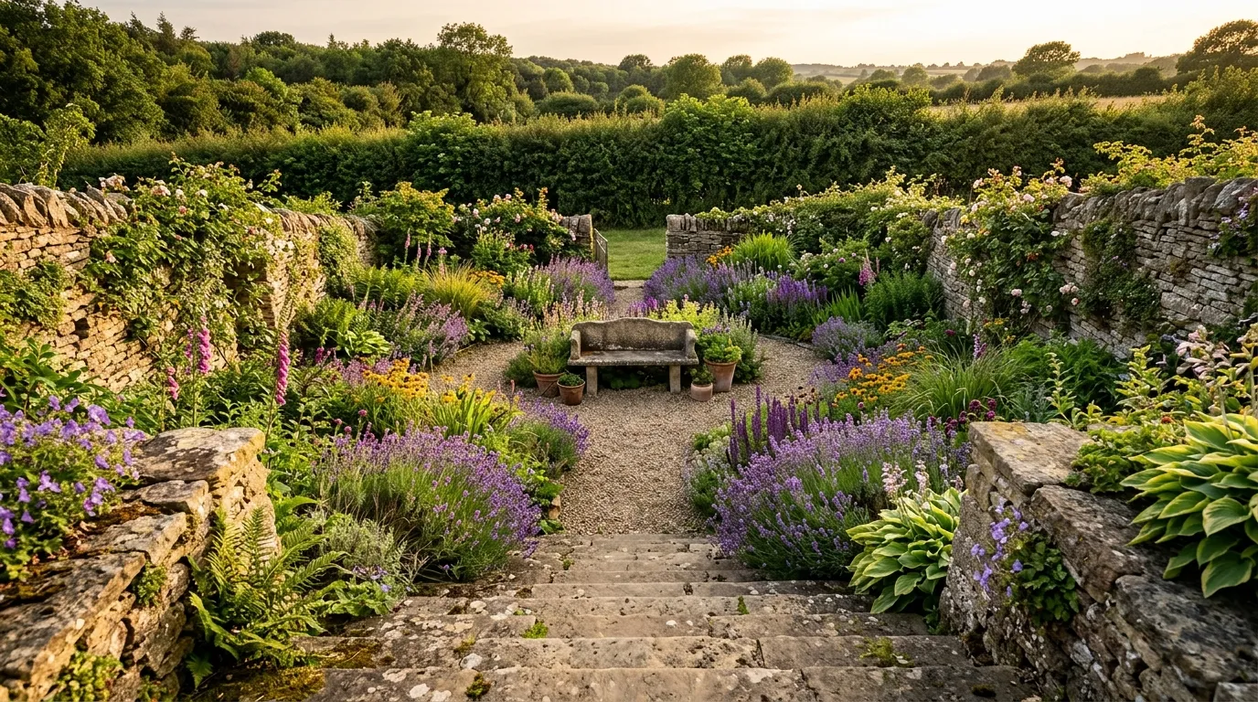 Sunken garden with natural stone retaining walls and mixed perennial planting in a UK country garden