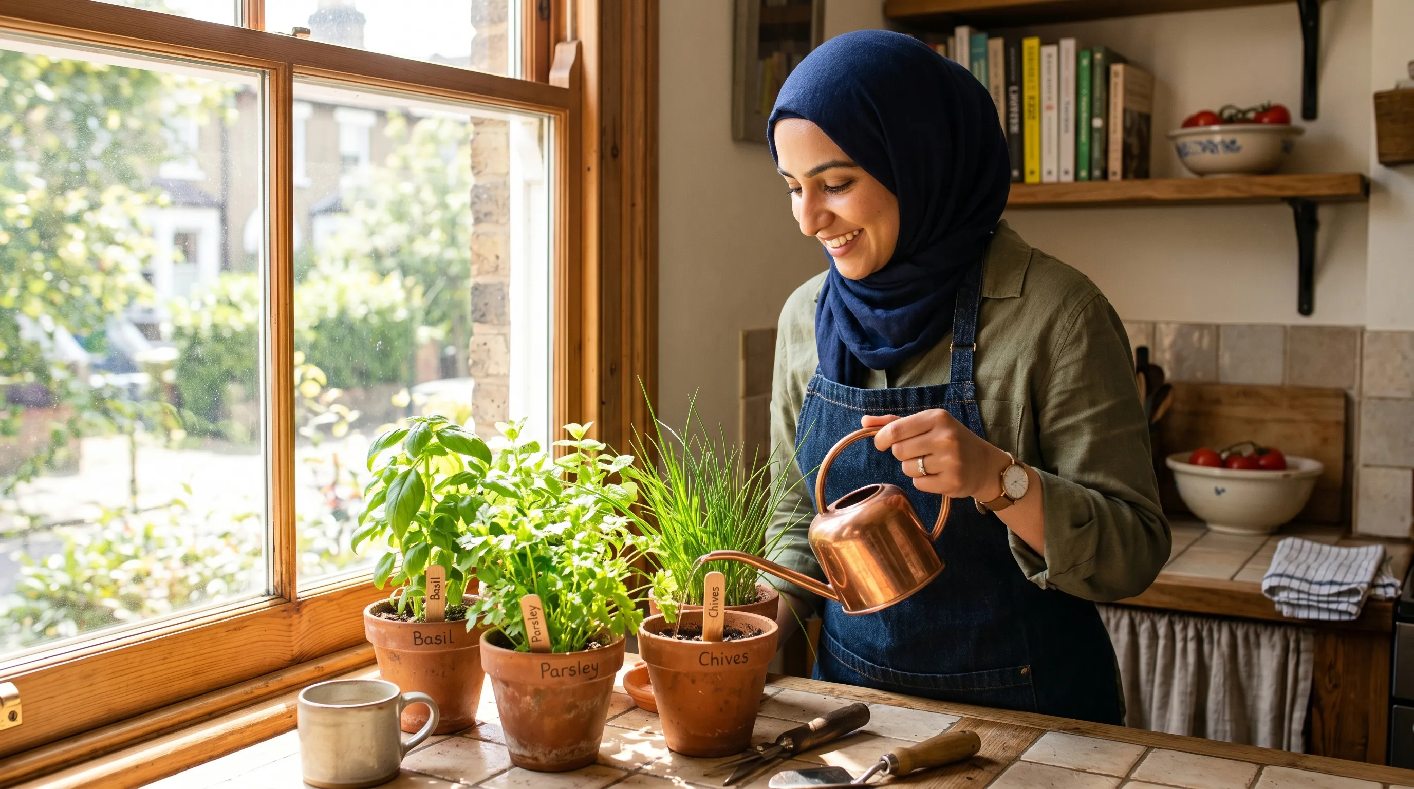 A Muslim UK woman wearing a hijab feeding small terracotta pots of basil and parsley with a watering can on a kitchen counter beside a south-facing window with herbs thriving in the morning sun