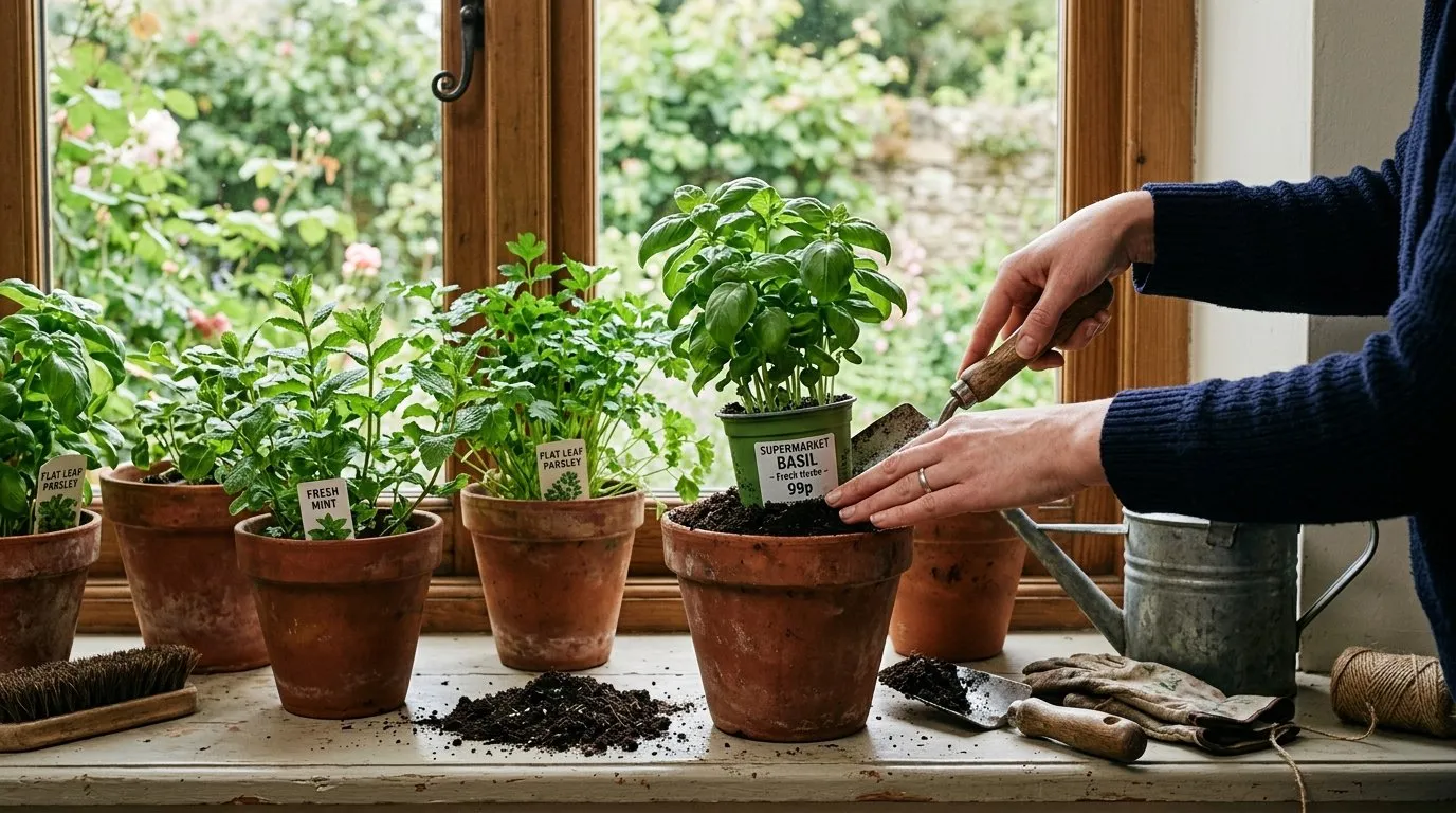 Supermarket basil mint and parsley pots being potted up into terracotta on a UK kitchen windowsill with fresh thriving herbs in afternoon light