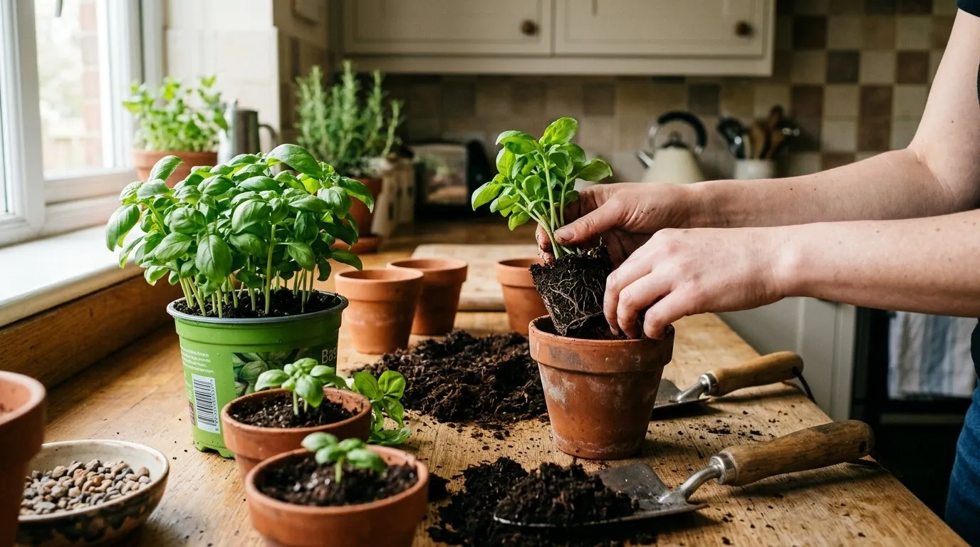 Supermarket basil pot being divided into smaller individual plants and potted up into terracotta with fresh peat-free compost on a UK kitchen worktop