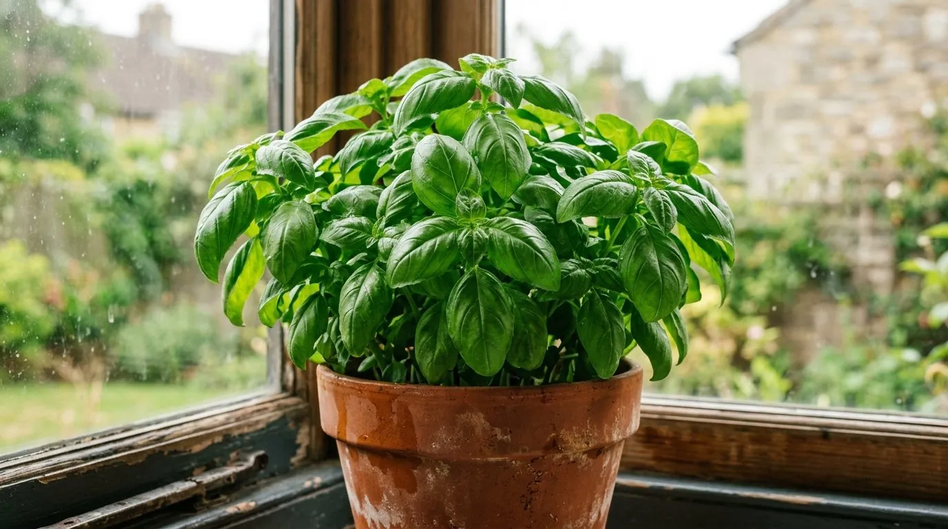 Thriving lush green basil plant on a UK windowsill with full bushy growth in terracotta pot with soft afternoon backlight from window