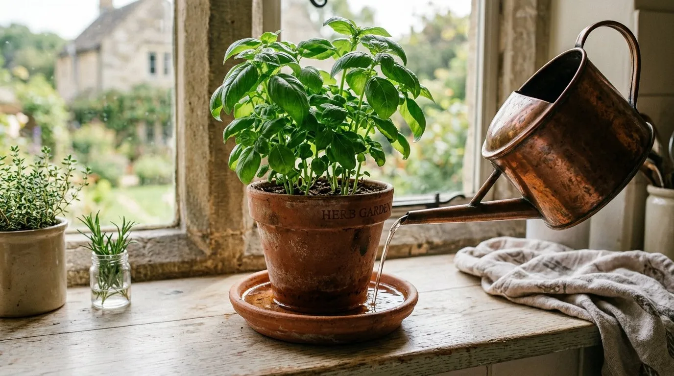 Small watering can being used to bottom-water a basil plant in a terracotta pot on a UK kitchen windowsill with drainage saucer visible