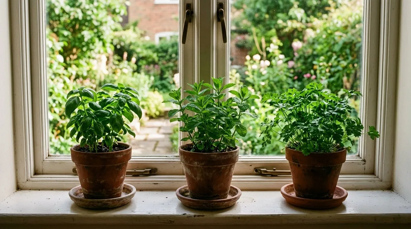 Three small terracotta pots of basil mint and parsley arranged on a sunny UK kitchen windowsill with drainage saucers underneath and fresh growth visible