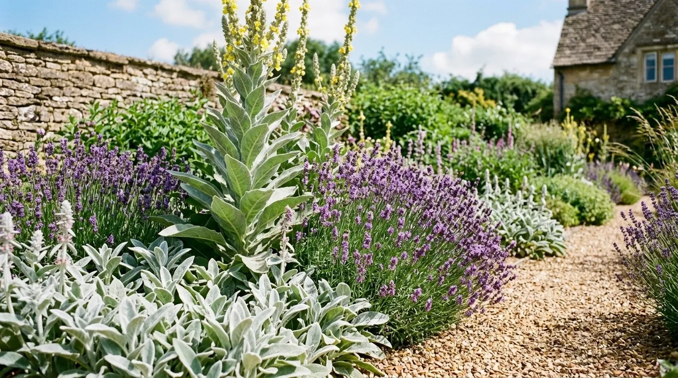 UK drought-tolerant planting featuring silver foliage Stachys byzantina lavender and Verbascum bombyciferum on a sunny south-facing border with gravel mulch