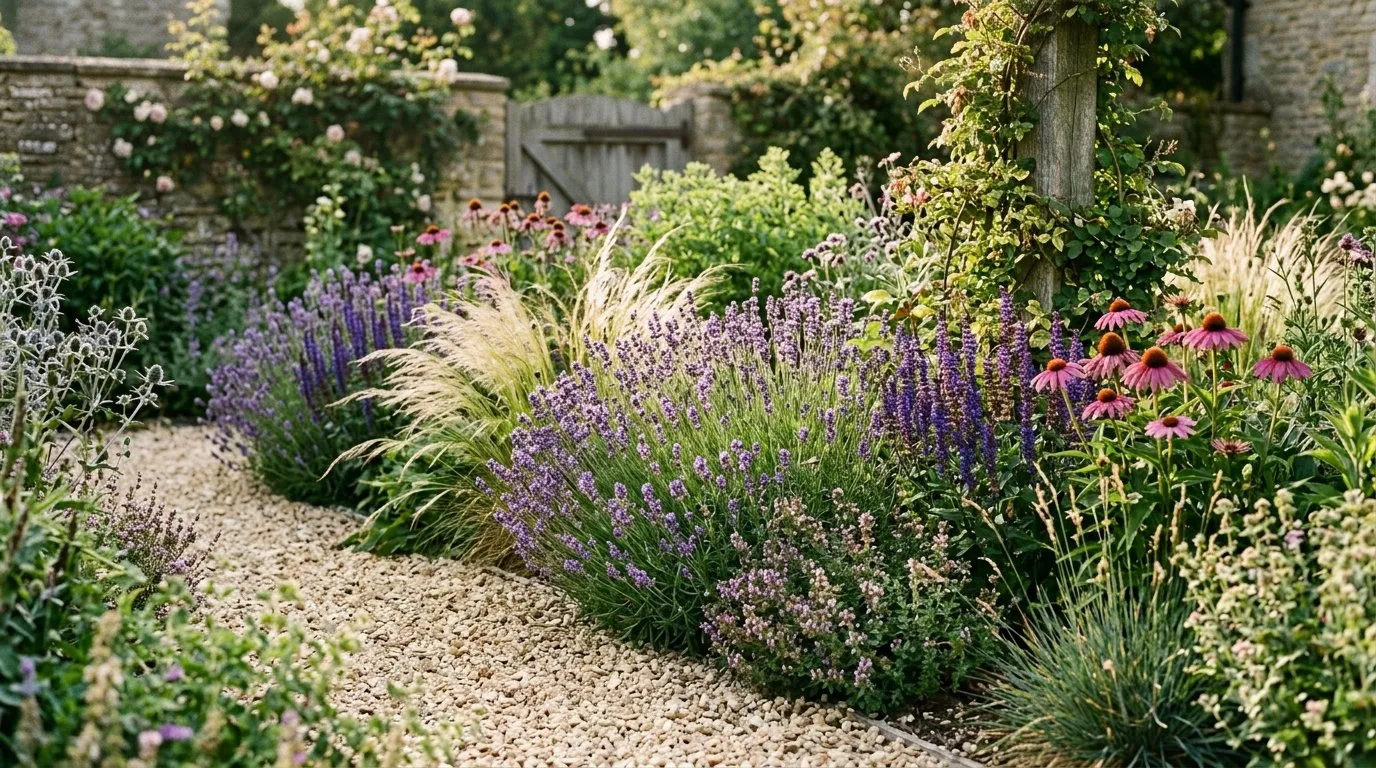 Sustainable UK garden border with drought-tolerant Mediterranean planting featuring lavender stipa grass salvia and echinacea with gravel mulch