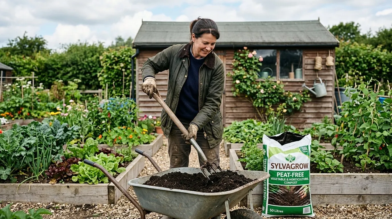 UK gardener mixing peat-free compost in a wheelbarrow with a fork and bag of peat-free compost nearby with raised beds and shed in background