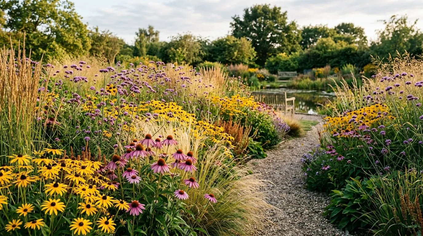 UK prairie-style naturalistic planting with echinacea rudbeckia ornamental grasses and verbena bonariensis in late summer