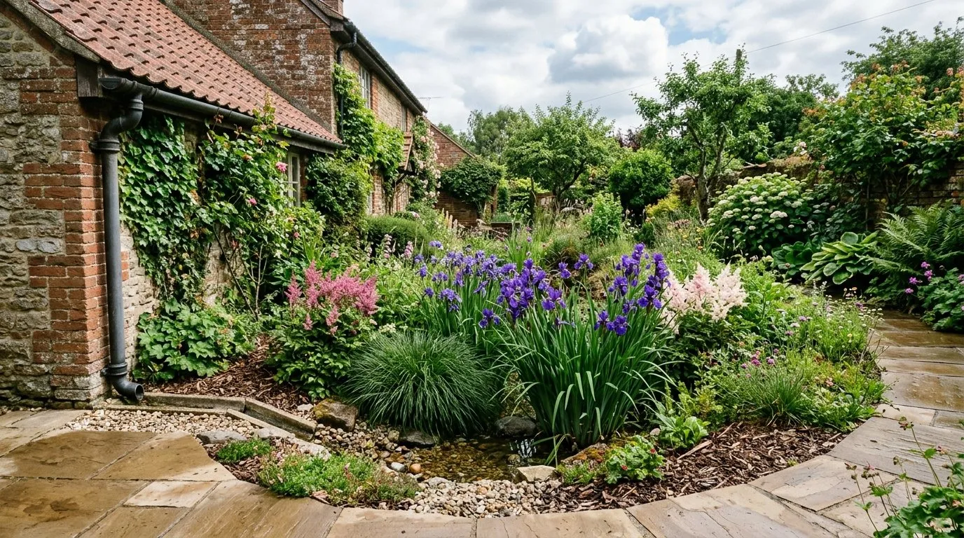 UK rain garden depression planted with iris siberica carex and astilbe to capture roof runoff with paving and downpipe visible