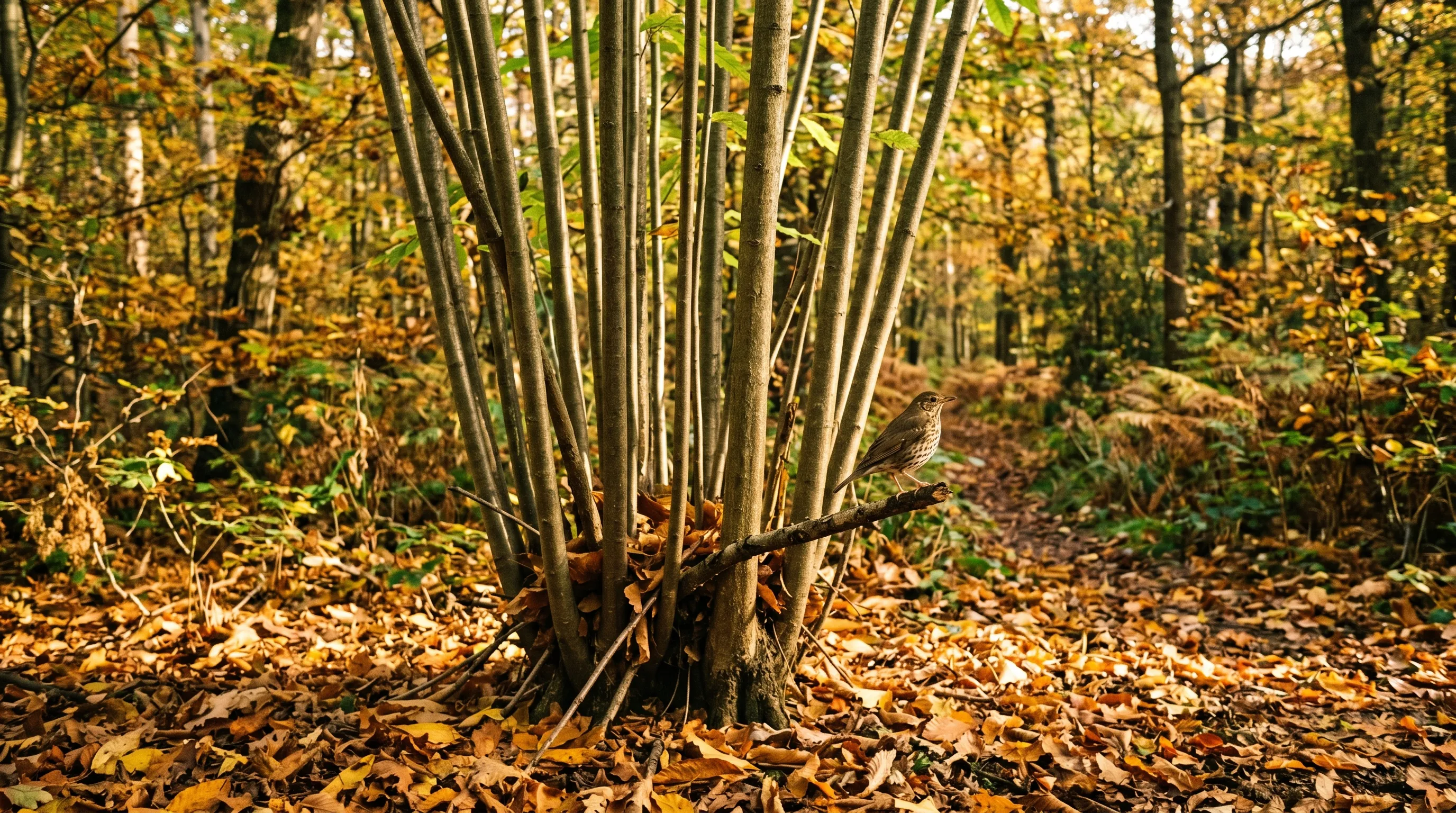 A UK woodland scene in autumn with a coppiced sweet chestnut stool sending up multiple straight 4-metre poles surrounded by golden leaf litter and a song thrush perched on a low branch