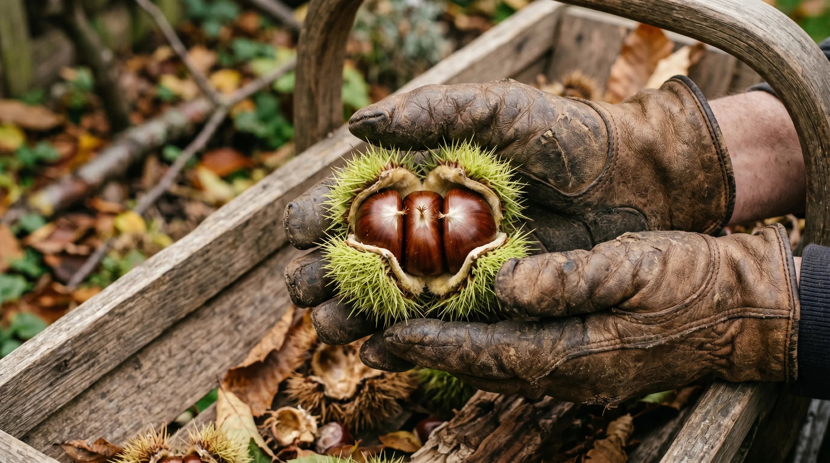 A pair of hands wearing heavy leather gardening gloves holding a split spiky green sweet chestnut burr with three brown nuts visible inside on a wooden harvest trug