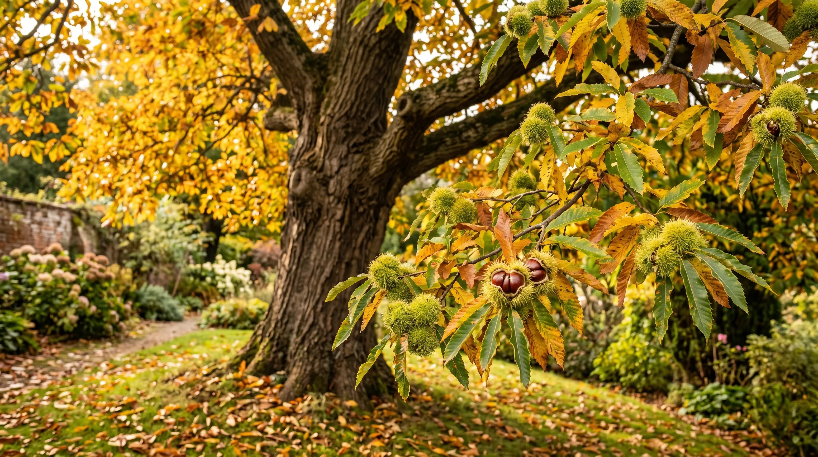 Mature sweet chestnut tree in a UK garden in late October with spiky green burrs splitting to reveal brown nuts on lower branches and golden autumn leaves