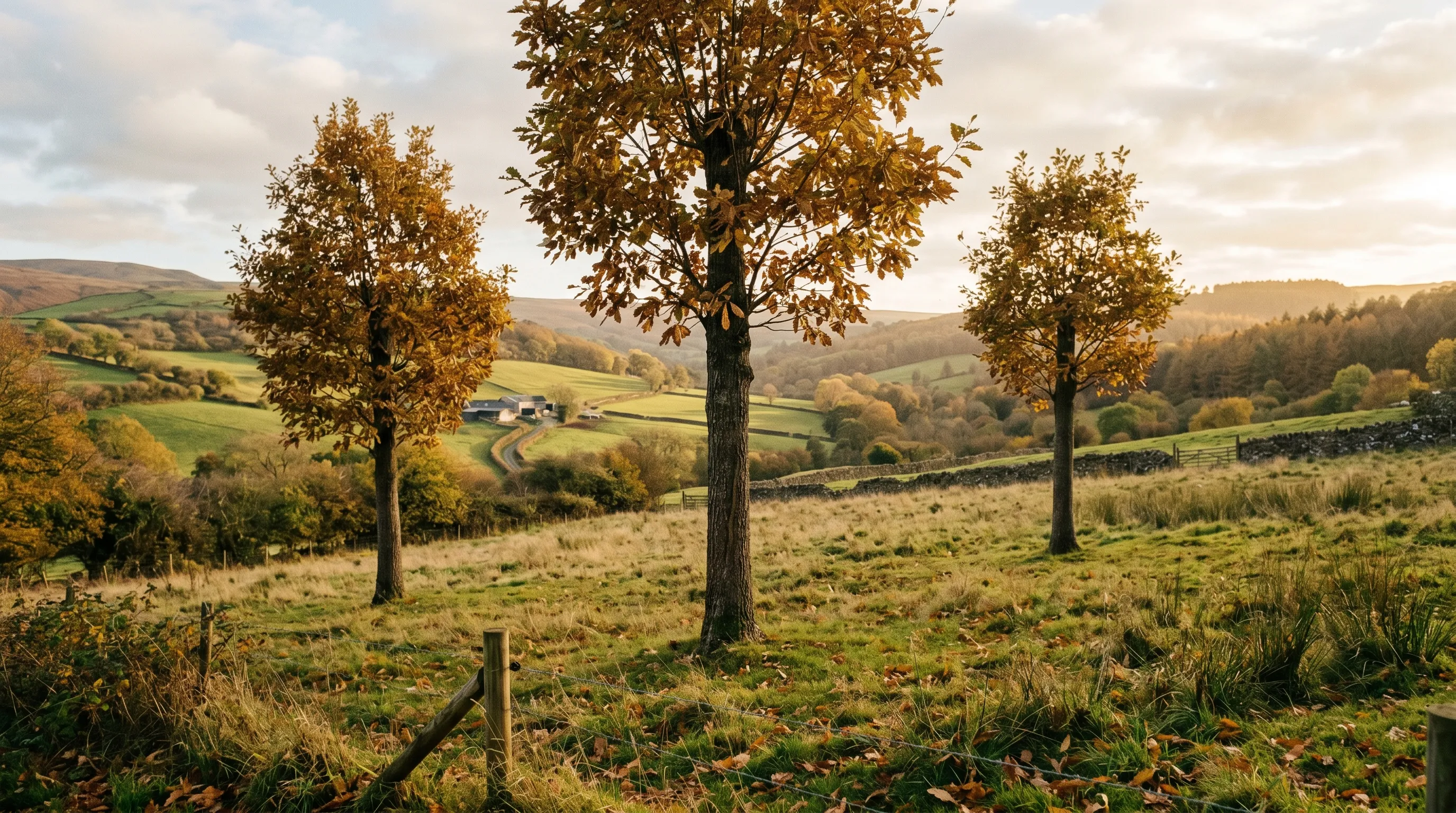 A grove of three young sweet chestnut trees at 12-metre spacing on a UK Welsh borders plot in late autumn with grass underneath and the trees showing strong straight trunks at year 8