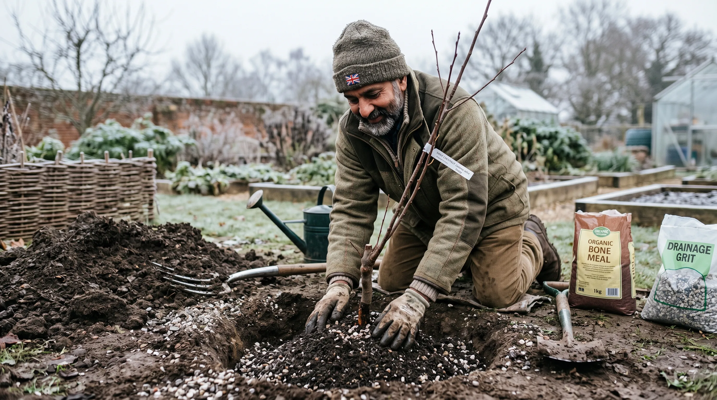 A UK gardener of Indian heritage planting a young grafted sweet chestnut tree in a 60cm deep hole with bone meal compost and drainage grit visible alongside the tree on a December morning