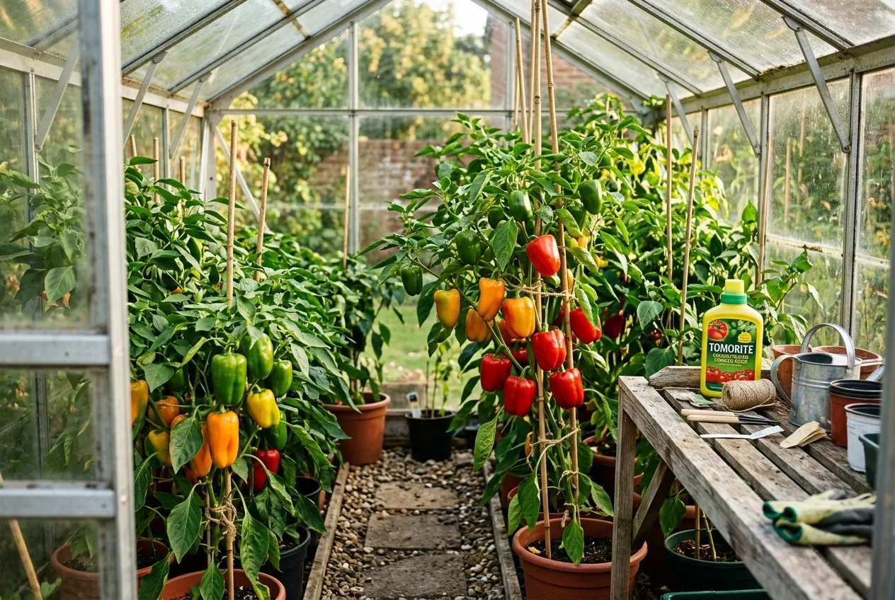 Sweet pepper plants loaded with colourful fruit in a UK greenhouse