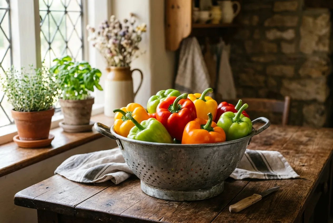 Freshly harvested sweet peppers in mixed colours in a colander