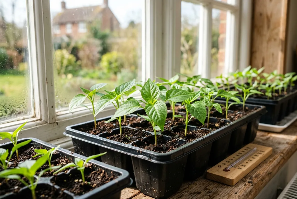 Sweet pepper seedlings growing in module trays on a bright UK windowsill