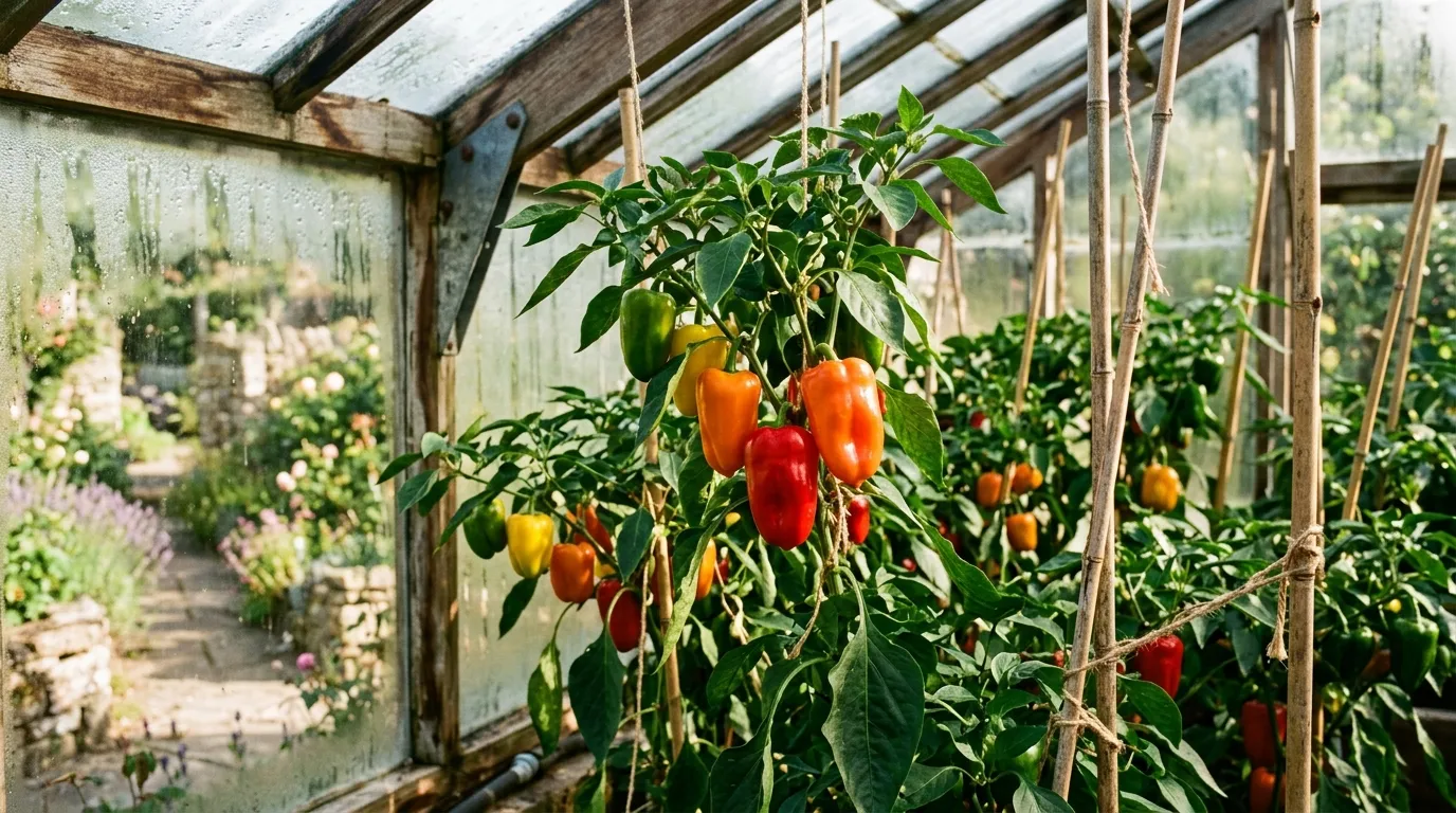 Sweet peppers in red, orange, yellow, and green ripening on plants inside a UK greenhouse