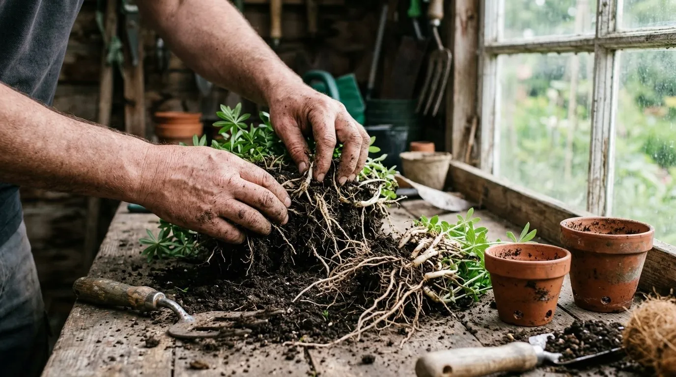 Hands dividing a clump of sweet woodruff into rooted sections on a wooden potting bench in an allotment shed