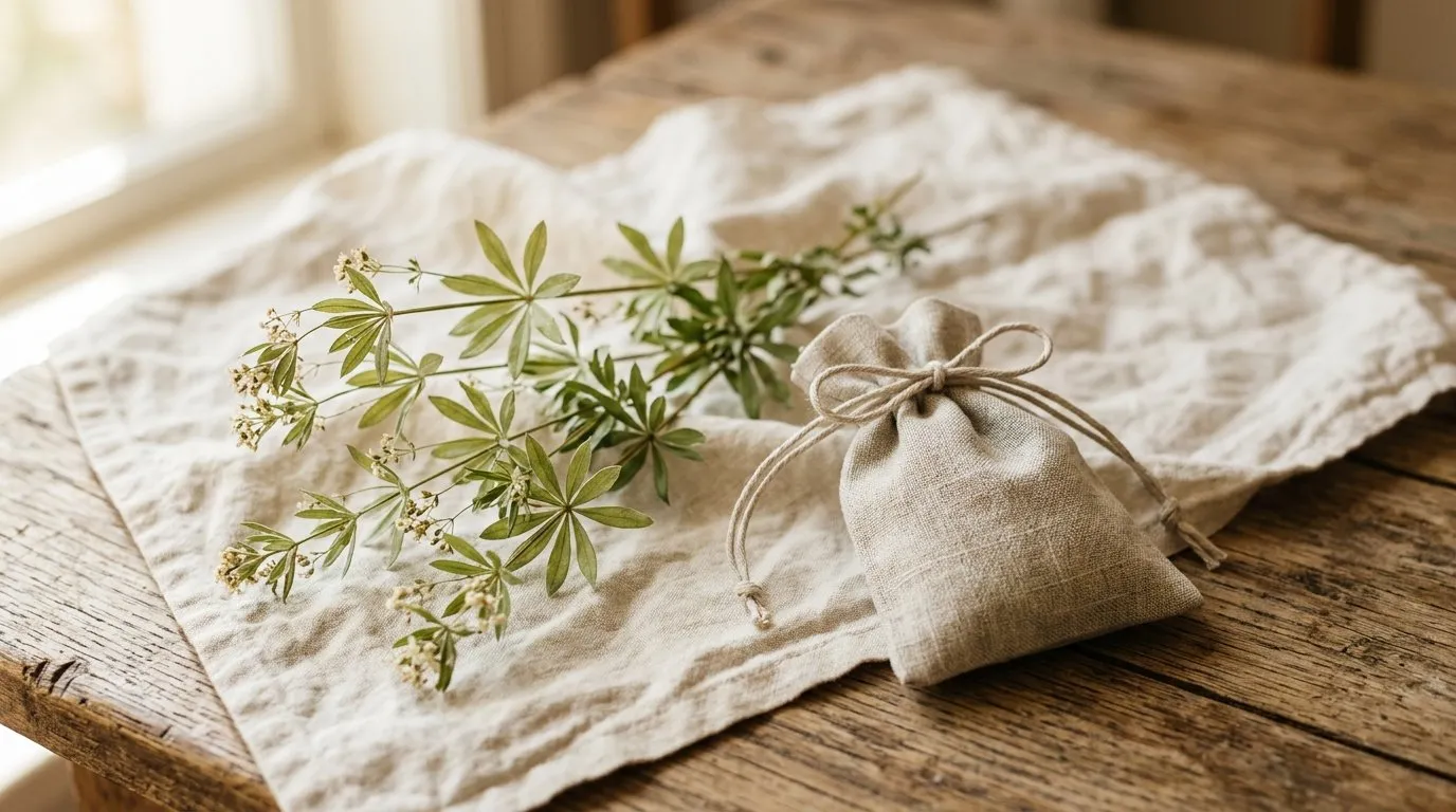 Dried sweet woodruff sprigs and a small linen sachet resting on a cream linen cloth in soft natural light